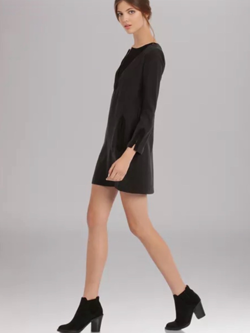 Maje Black Long-Sleeve Mini Dress with Suede Trim